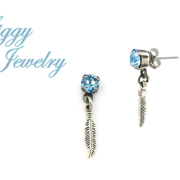 Aquamarine Stud Earrings with Leaf Dangles Made with Genuine Austrian Crystals - Picture 3 of 5